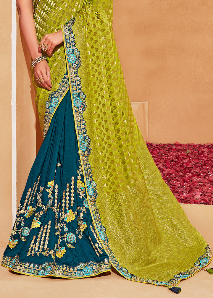 Green and Blue Designer Embroidered Woven Banarasi Silk Saree