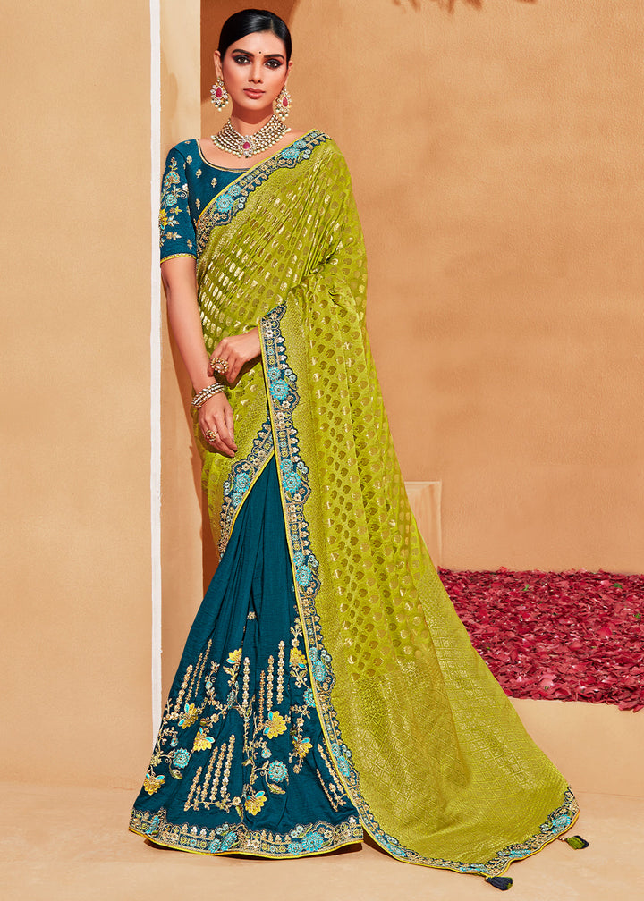 Green and Blue Designer Embroidered Woven Banarasi Silk Saree