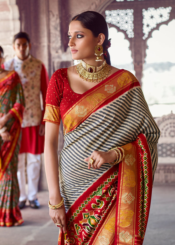 Stunning Red And Grey And Pink Designer Patola Saree