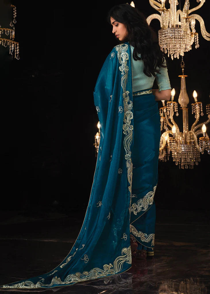 Coral Blue Heavy Embroidery Designer Saree