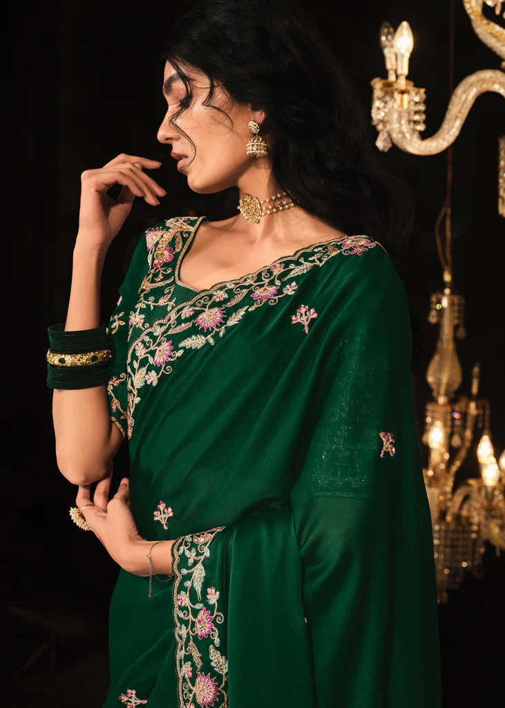 Forest Green Heavy Embroidery Designer Saree