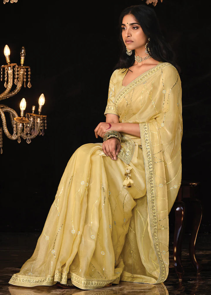 Delight Yellow Heavy Embroidery Designer Saree