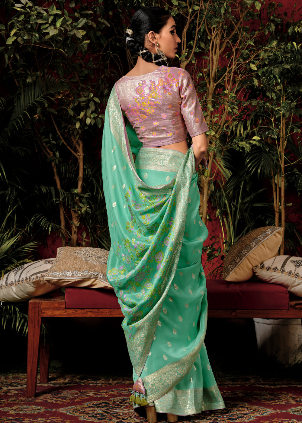 Aquamarine Green Woven Dola Silk Saree with Blouse