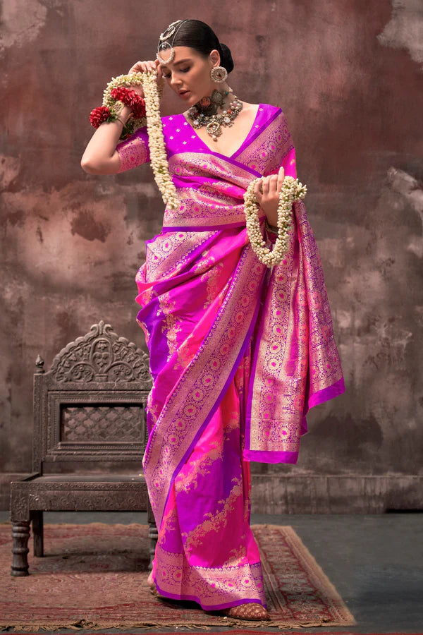 Pink And Purple Handloom Weaving Silk Saree