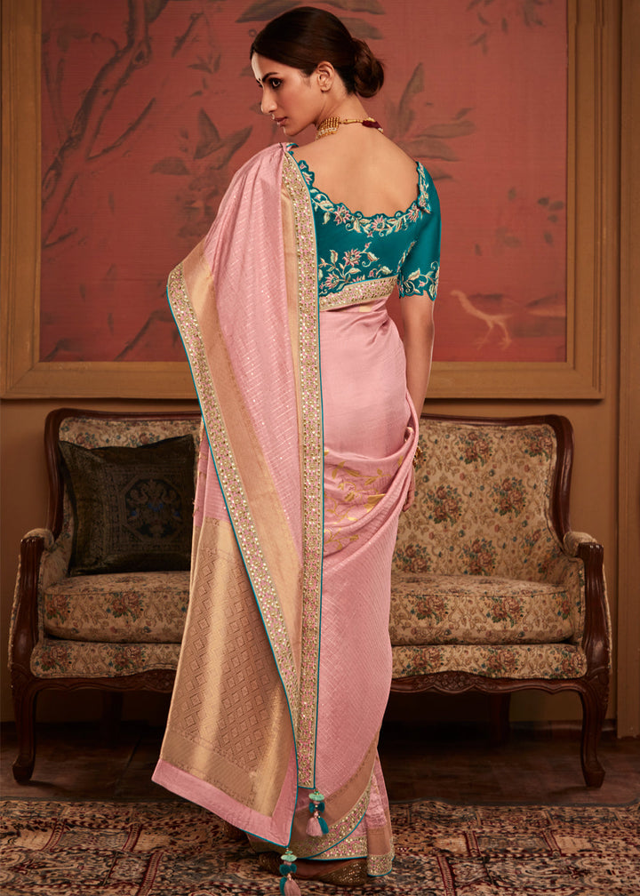 Rose Pink Designer Soft Pure Dola Silk Saree