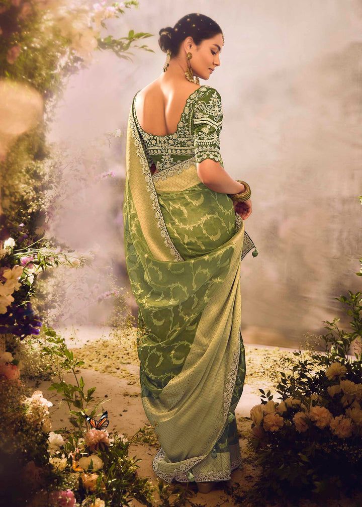 Grass Green Premium Banarasi Tissue Silk Designers Saree