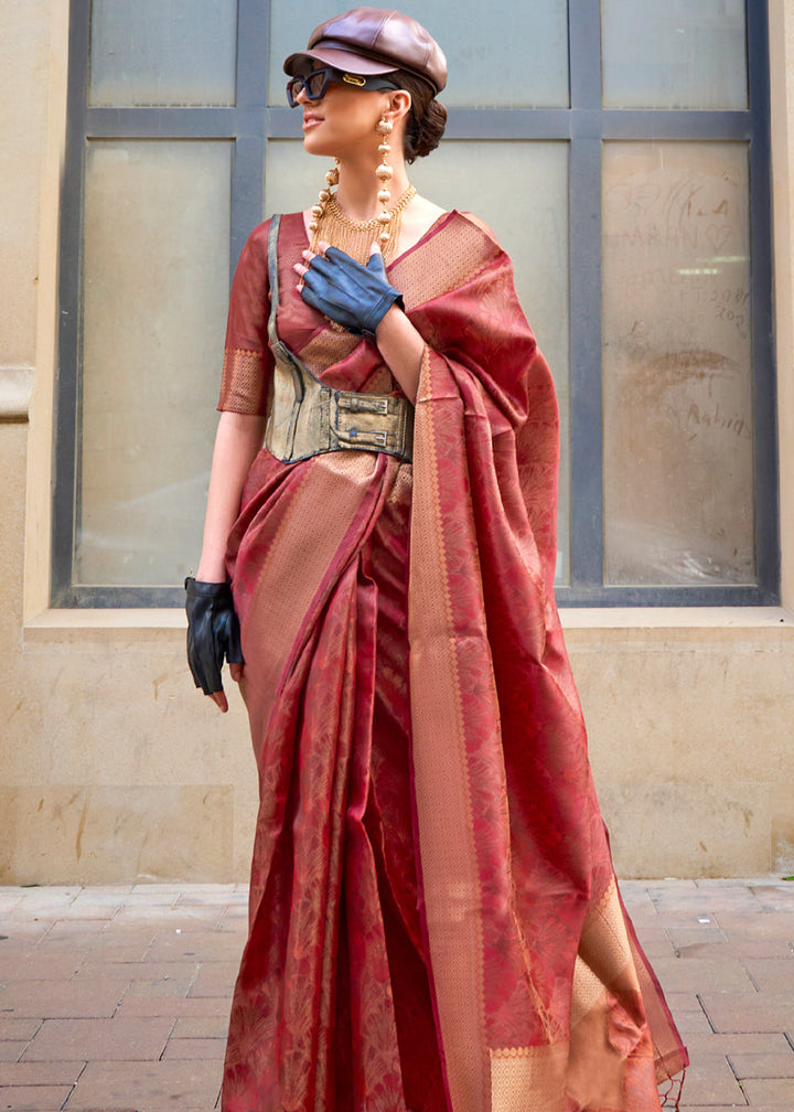 Maroon Red Dual Tone Handloom Woven Organza Silk Saree