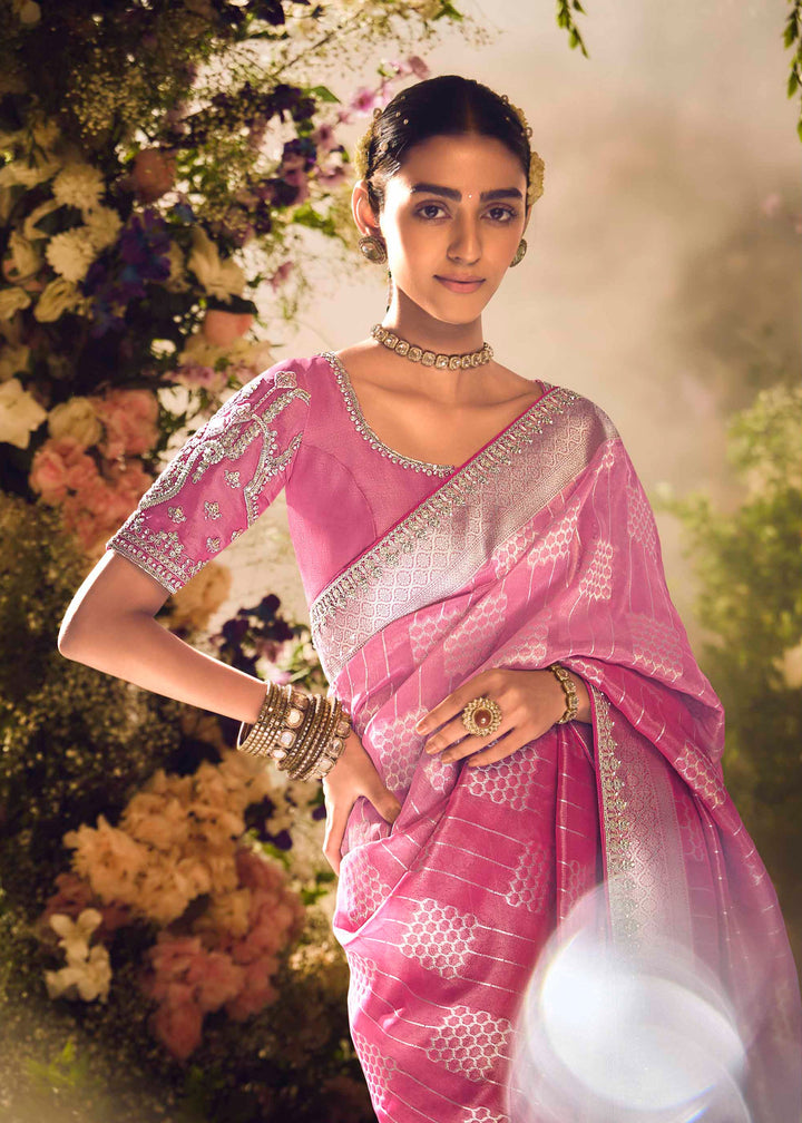 Bloom Pink Premium Banarasi Tissue Silk Designers Saree