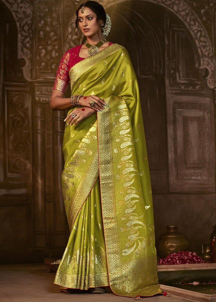 Beautiful Green Woven Pure Dola Silk Saree with Designer Purple Blouse