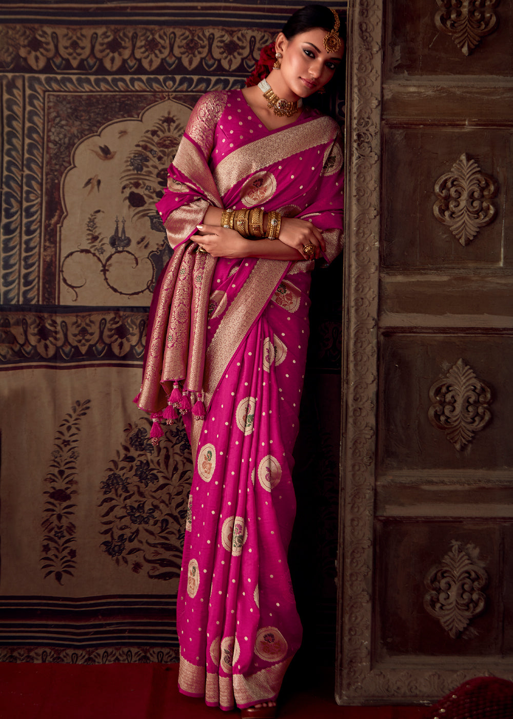 Magenta Pink Woven Georgette Silk Saree