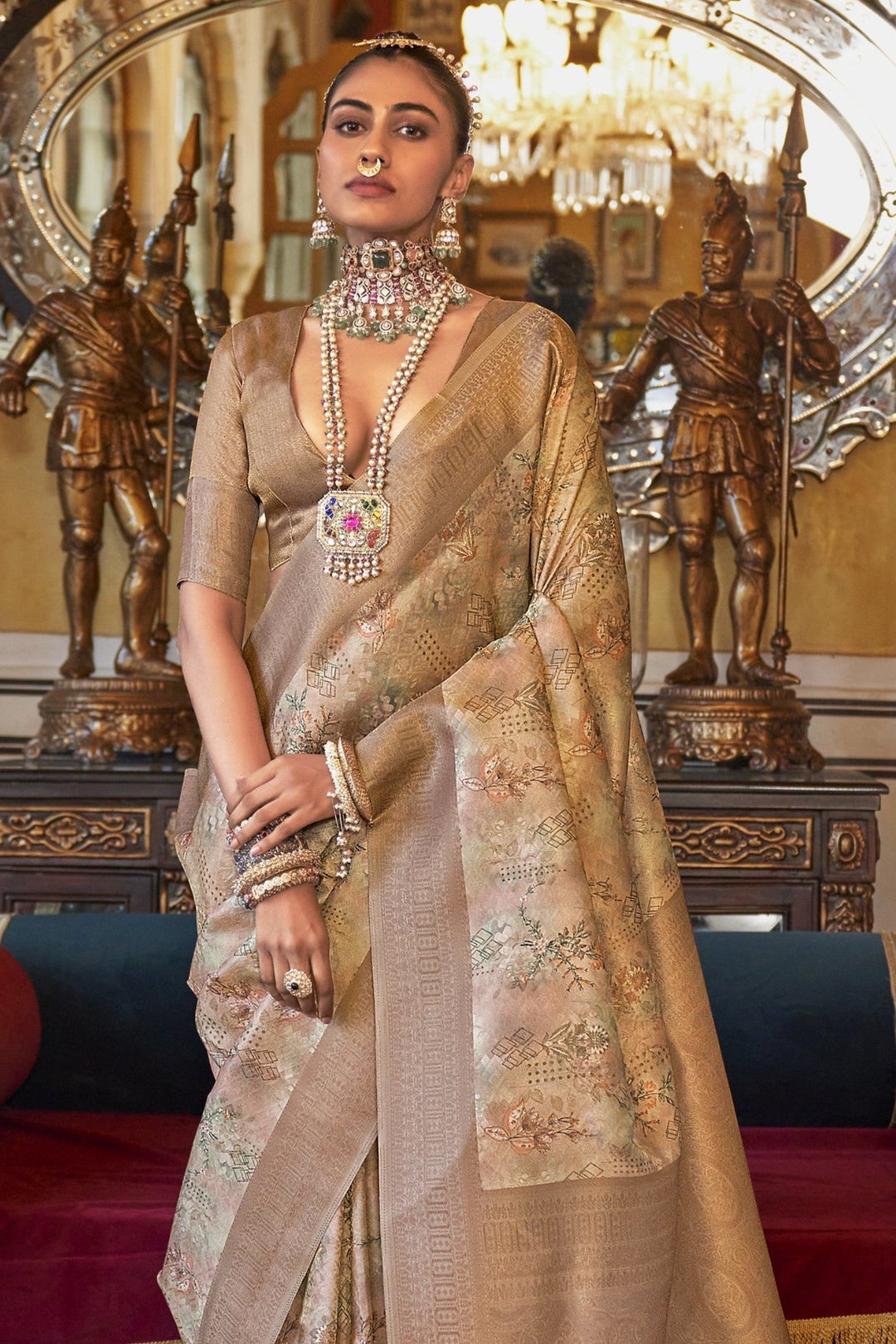 Light Brown nd Cream Digital Printed Silk Saree