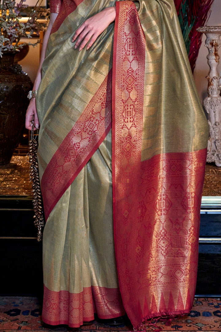 Lime Green And Red Tissue Saree with Designer Blouse