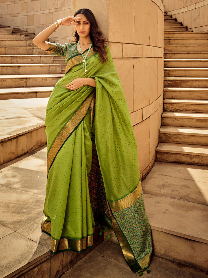 Olive tone Green andloom Weaving Silk saree