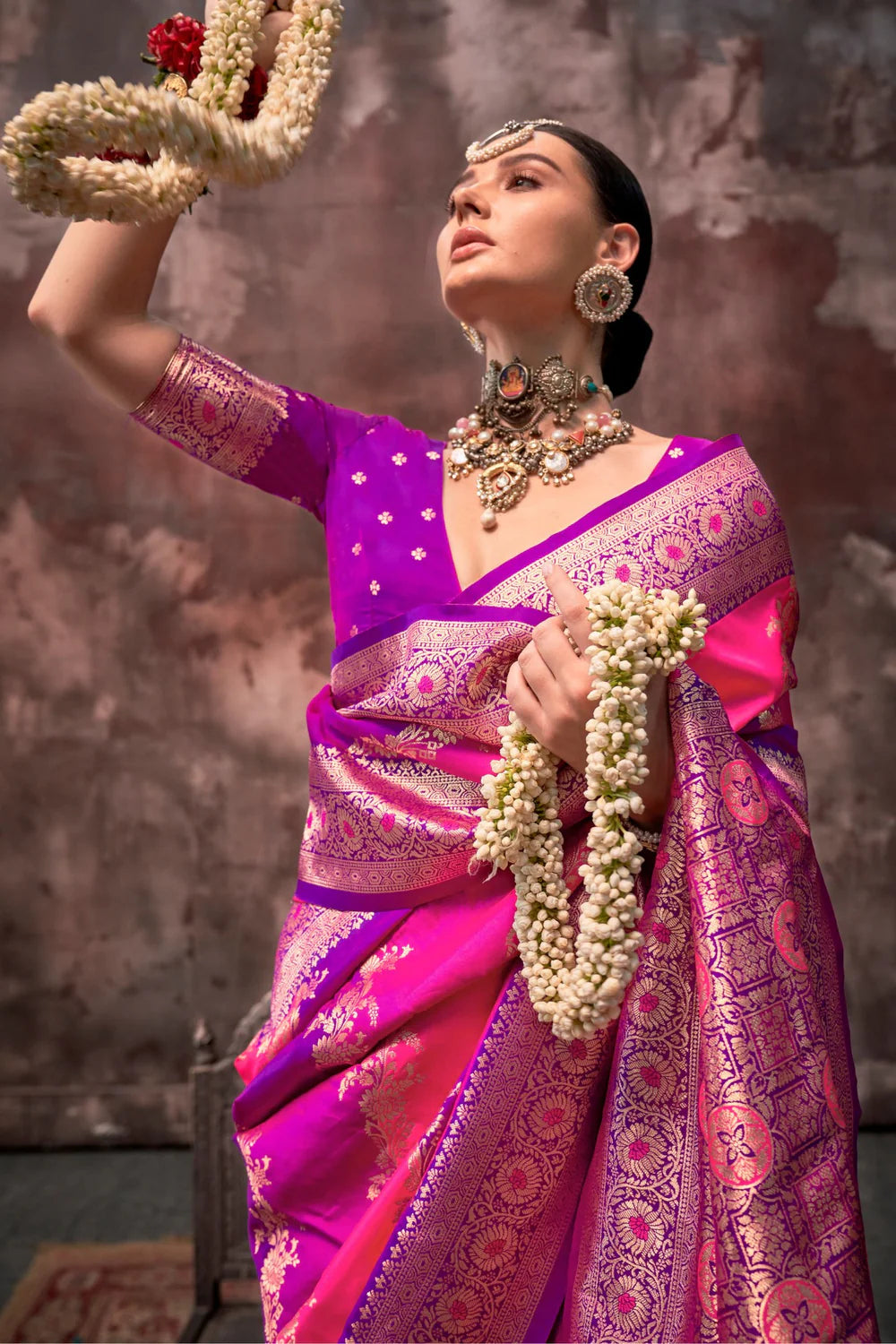 Pink And Purple Handloom Weaving Silk Saree