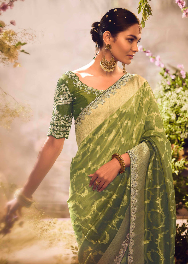 Grass Green Premium Banarasi Tissue Silk Designers Saree