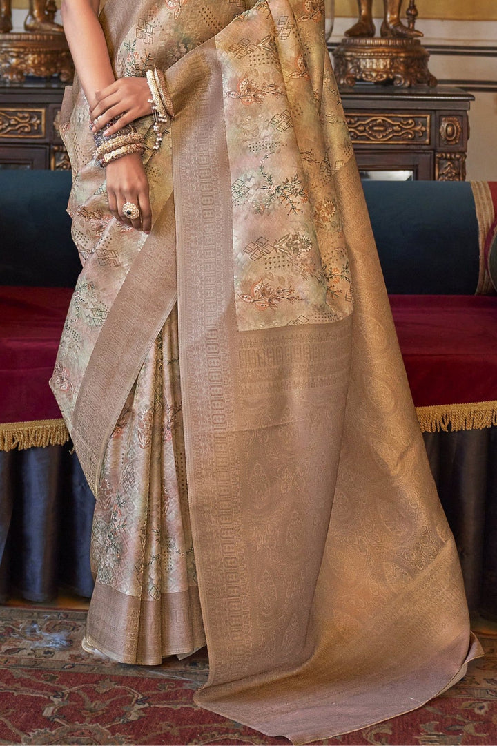 Light Brown nd Cream Digital Printed Silk Saree