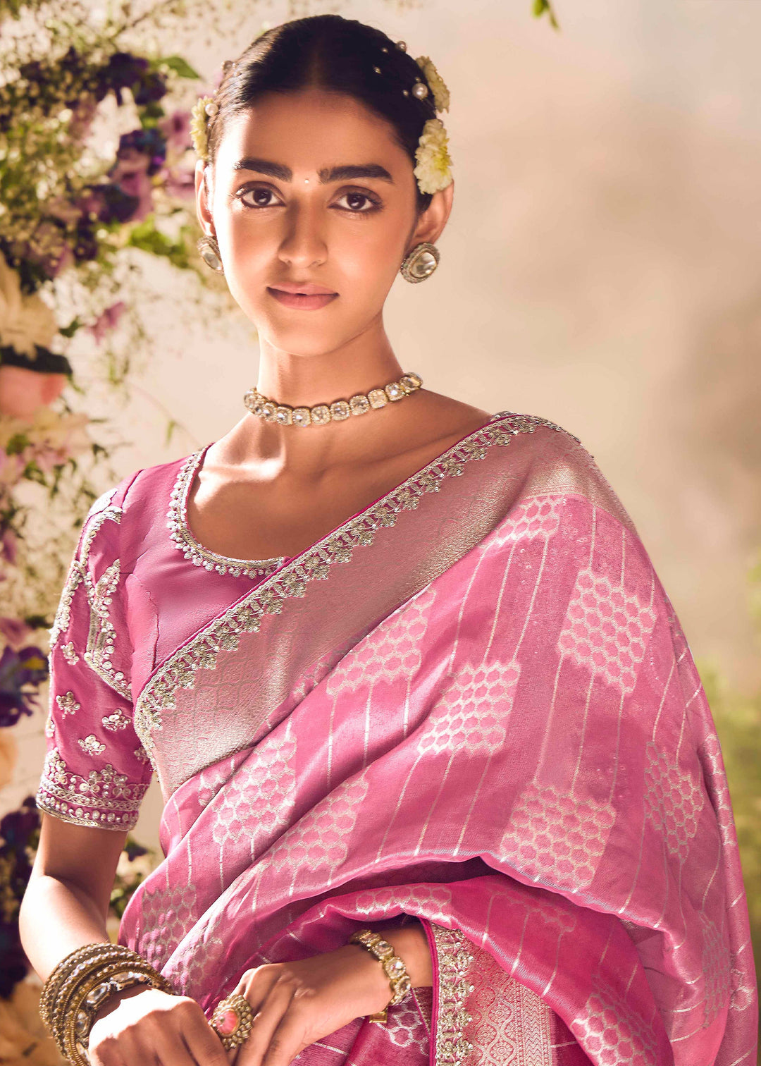 Bloom Pink Premium Banarasi Tissue Silk Designers Saree