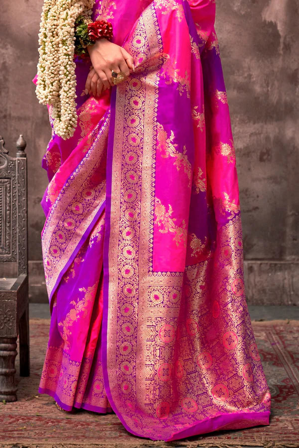 Pink And Purple Handloom Weaving Silk Saree