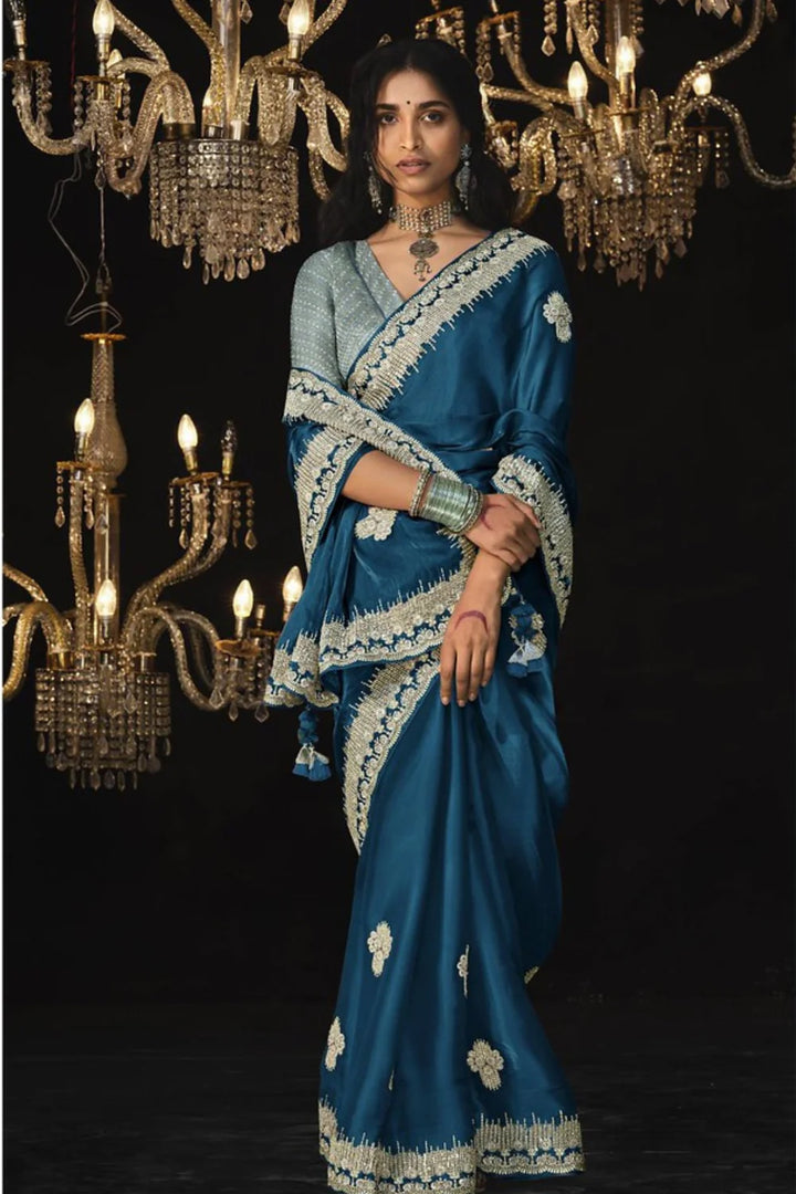 Teal Blue Tissue Embroidery Designer Saree