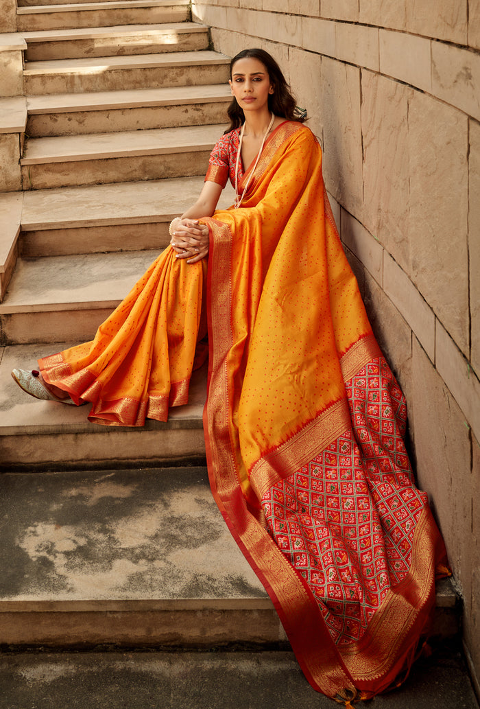 Flame Pea Orange Handloom Weaving Silk saree