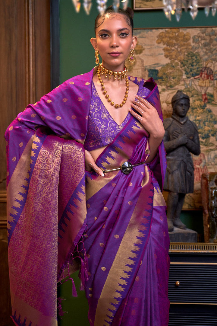 Purple Handloom Woven Silk Saree With Designer Blouse