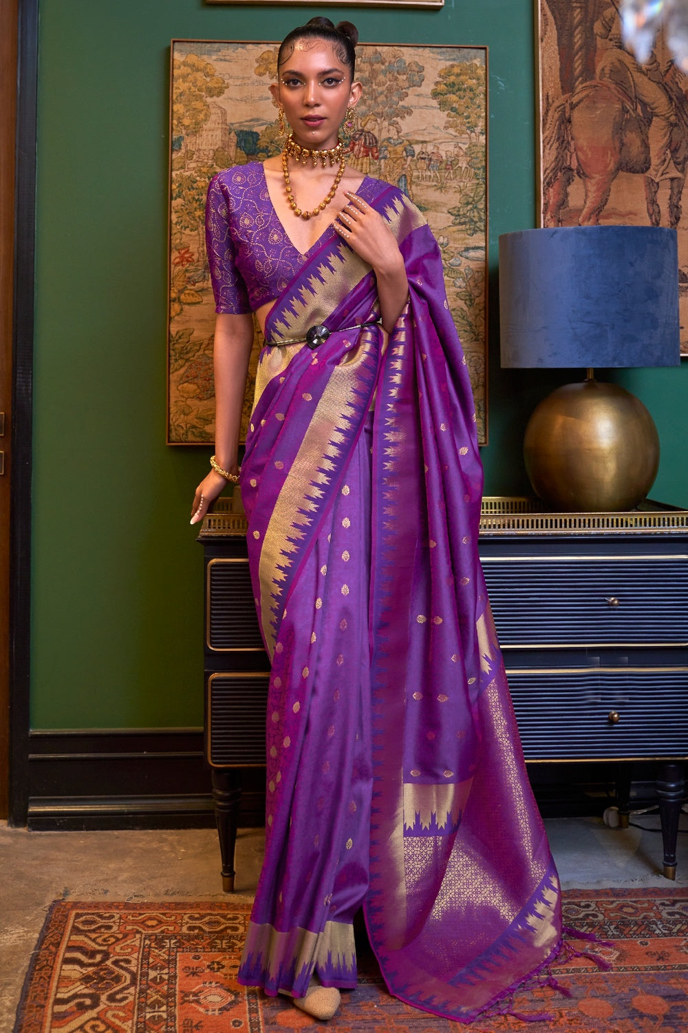 Purple Handloom Woven Silk Saree With Designer Blouse