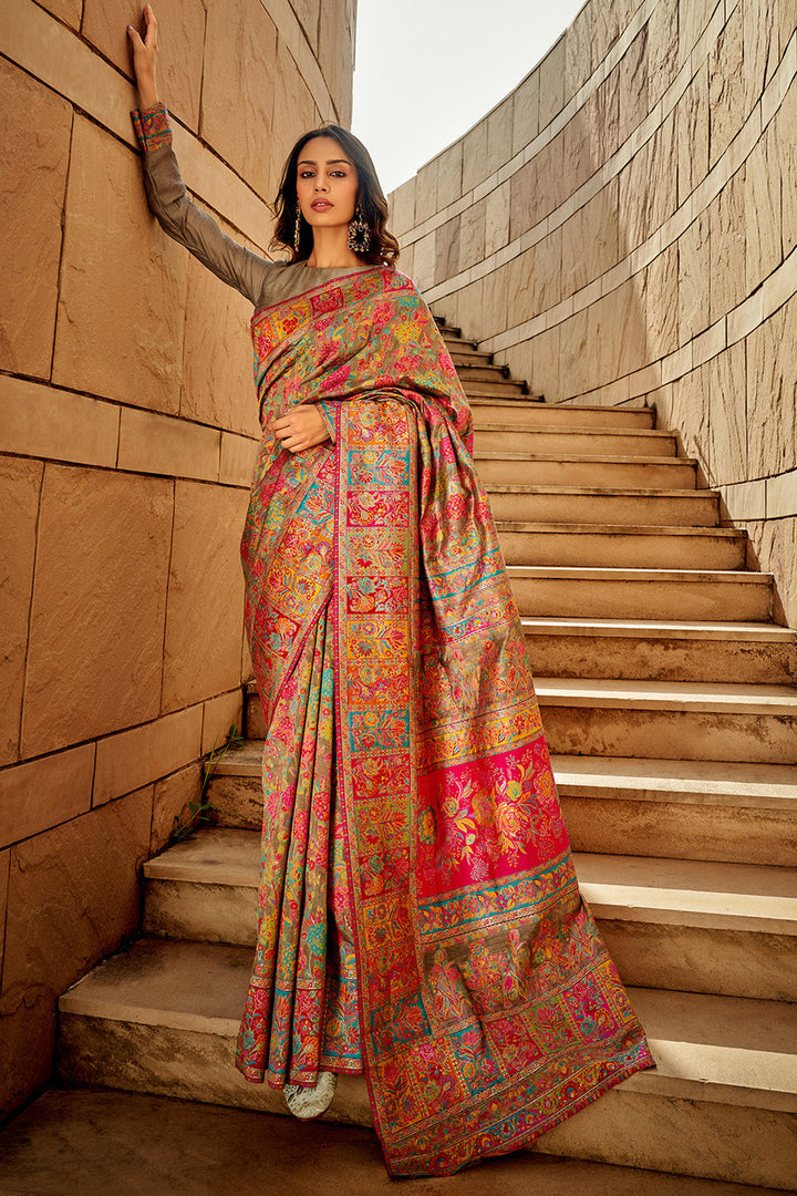 Grey Kashmiri Cotton Woven Banarasi Saree