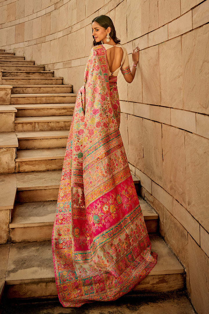 Beige White Kashmiri Cotton Woven Banarasi Saree