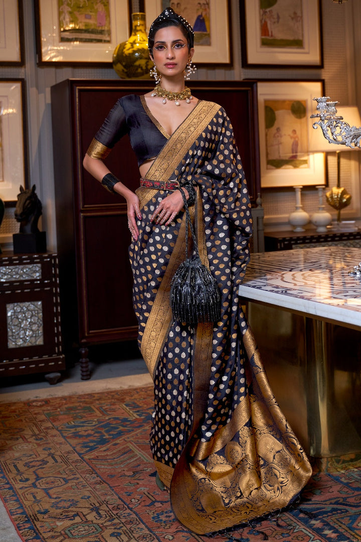 Black Khadi Soft Silk Saree With Copper Zari Weaving Work