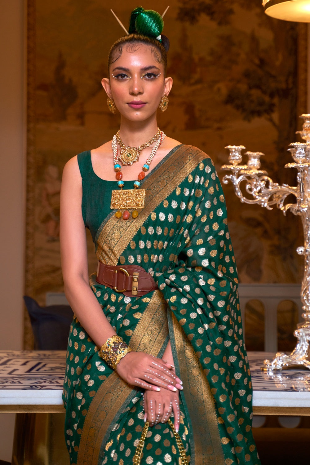 Soft Lichi Silk Green Paithani Saree with Golden Zari Weaving | Vootbu