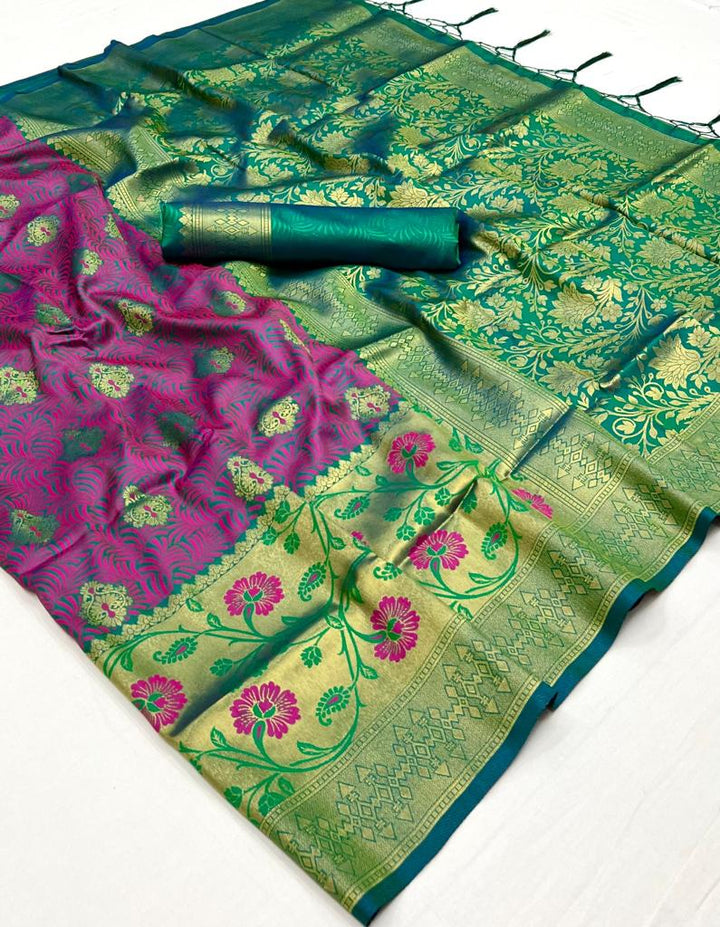 Purple and Green Handloom Woven Silk Saree