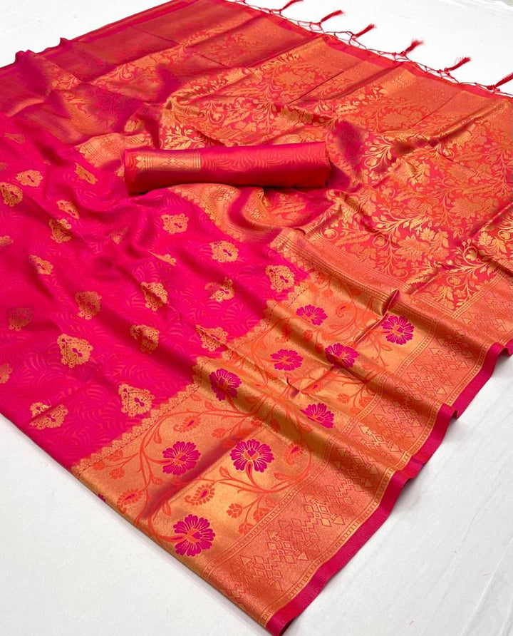 Hot Pink And Orange Handloom Woven Silk Saree