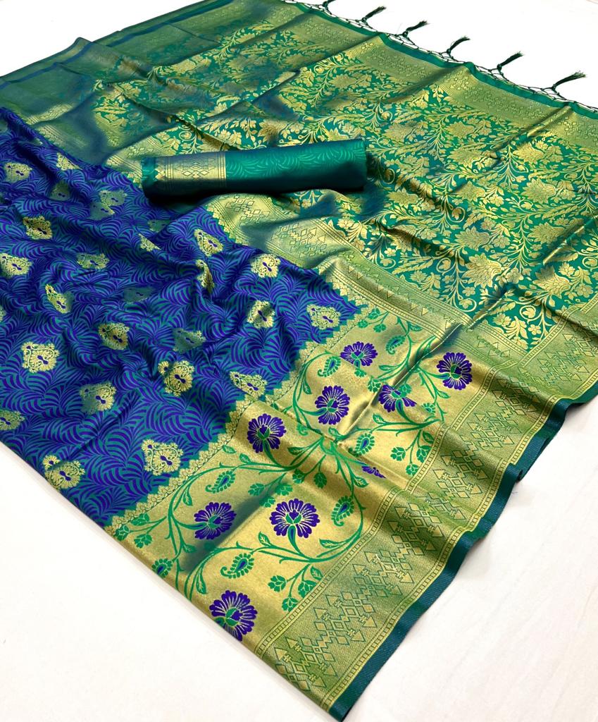 Blue and Green Handloom Woven Silk Saree