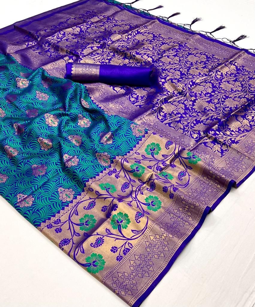 Teal Blue Handloom Woven Silk Saree