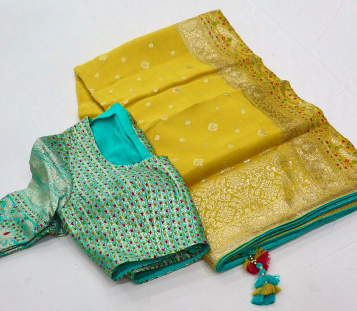 Lemon Yellow Designer Soft Pure Dola Silk Saree