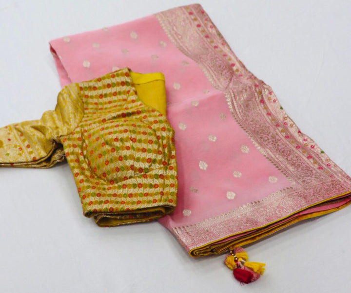 Baby Pink Designer Soft Pure Dola Silk Saree