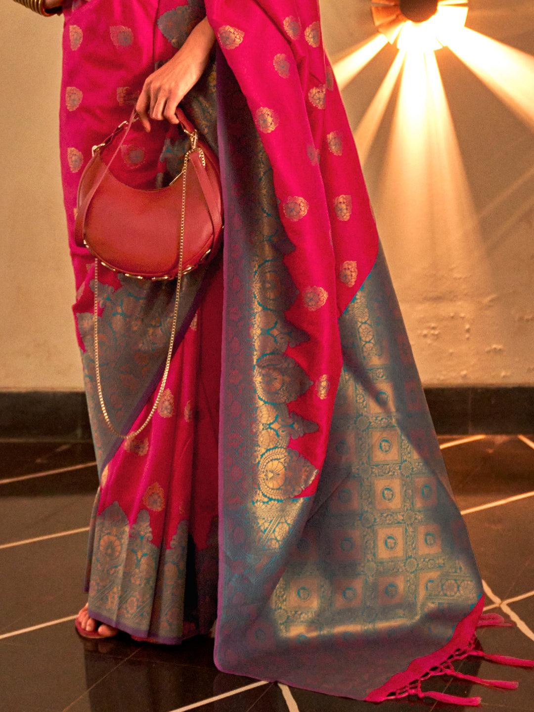 Raspberry Pink Woven Banarasi Silk Saree