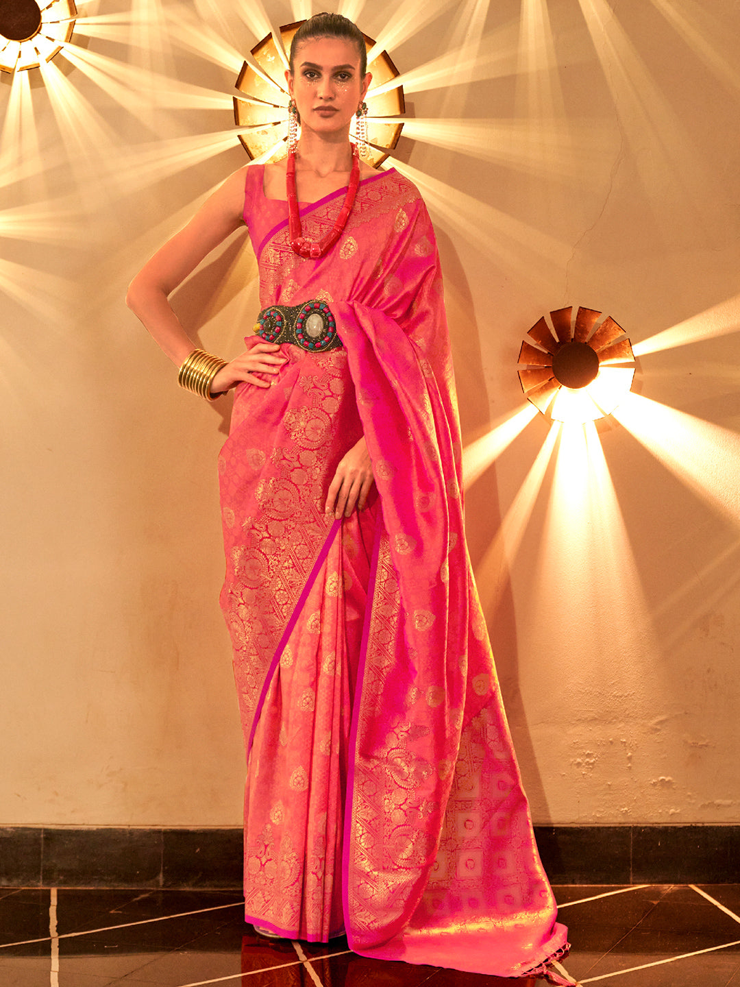 Pink Woven Banarasi Silk Saree