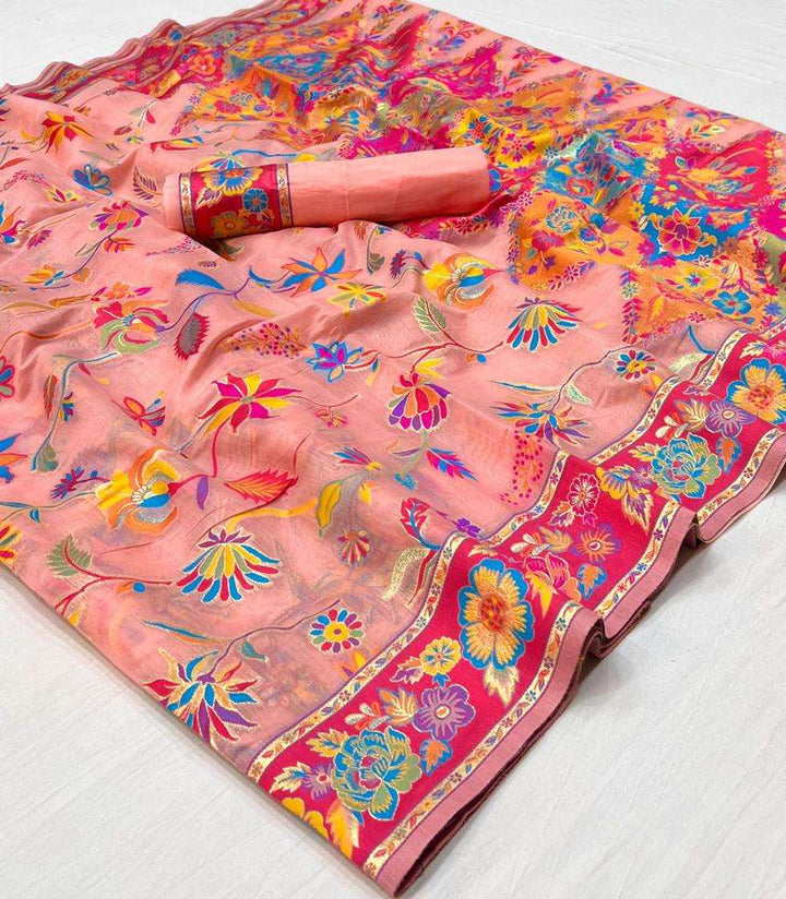 Pink Multi color Kashmiri Modal Handloom Weaving Saree