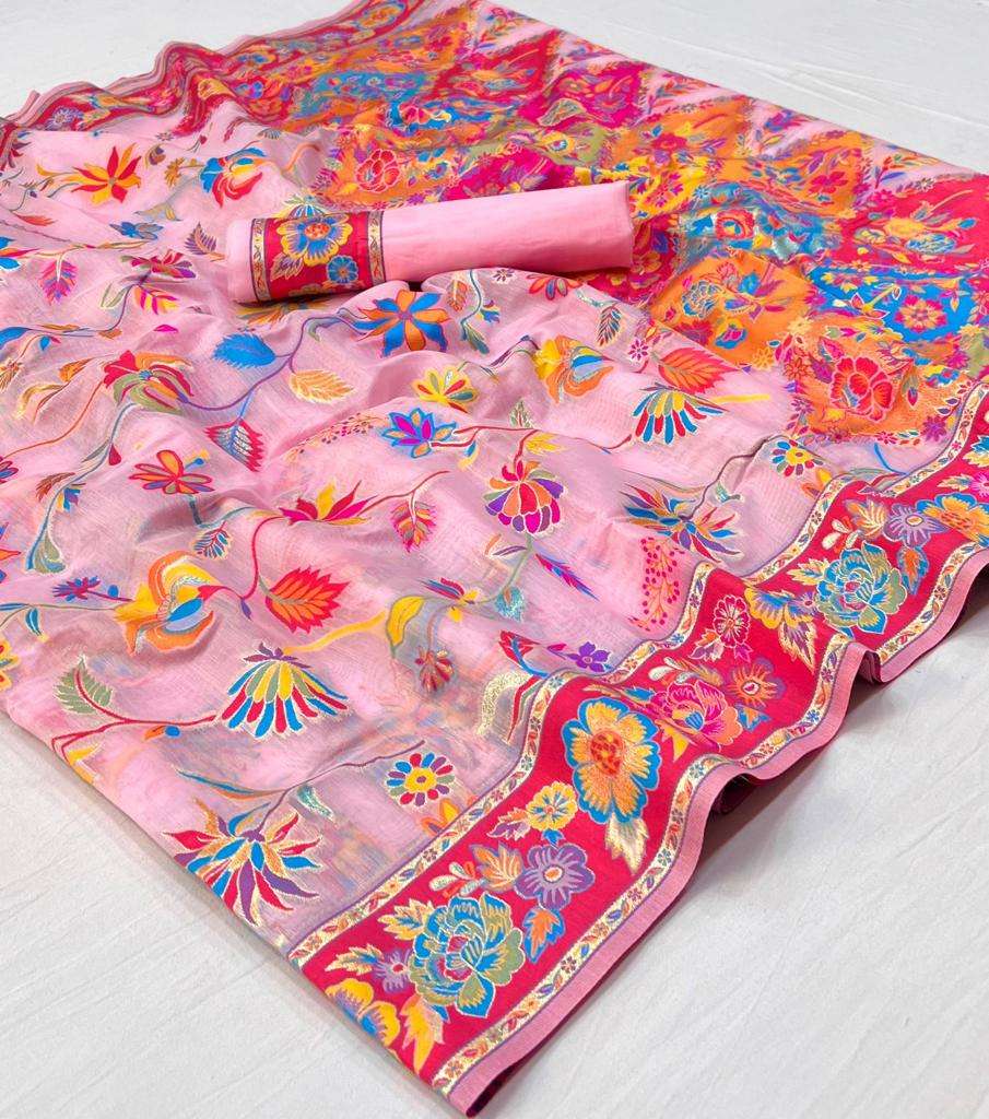 Blossom Pink Multi color Kashmiri Modal Handloom Weaving Saree