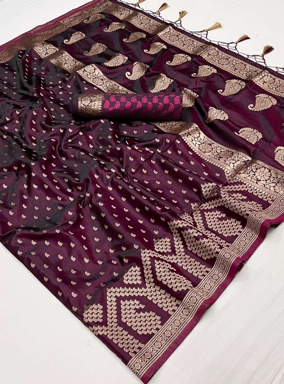 Wine Purple Satin Handloom Weaving Silk Saree