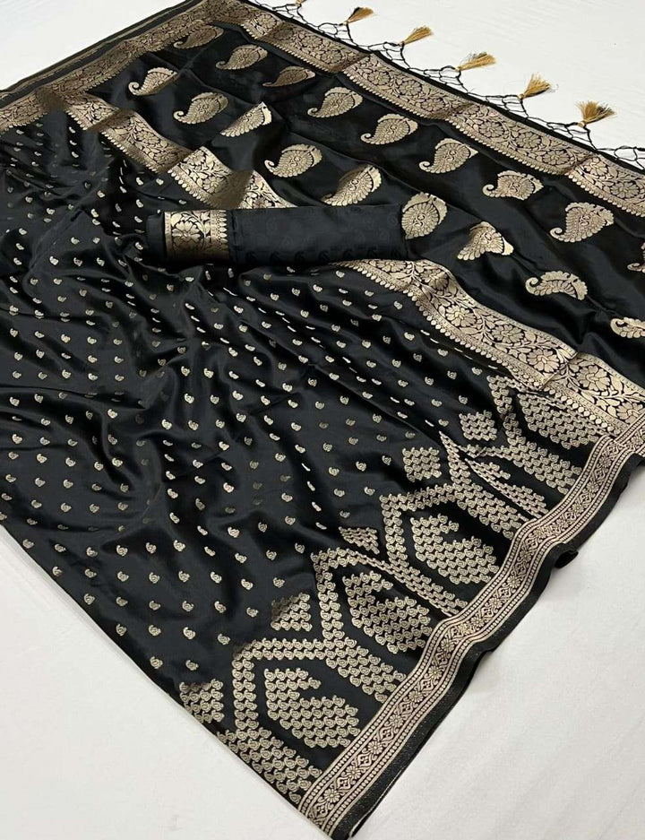 Black Satin Handloom Weaving Silk Saree