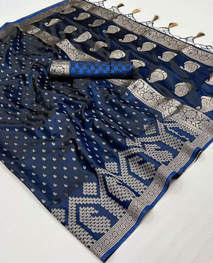 Blue Satin Handloom Weaving Silk Saree