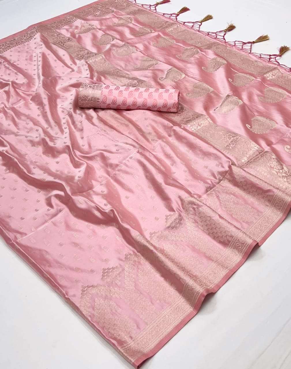 Blush Pink Satin Handloom Weaving Silk Saree