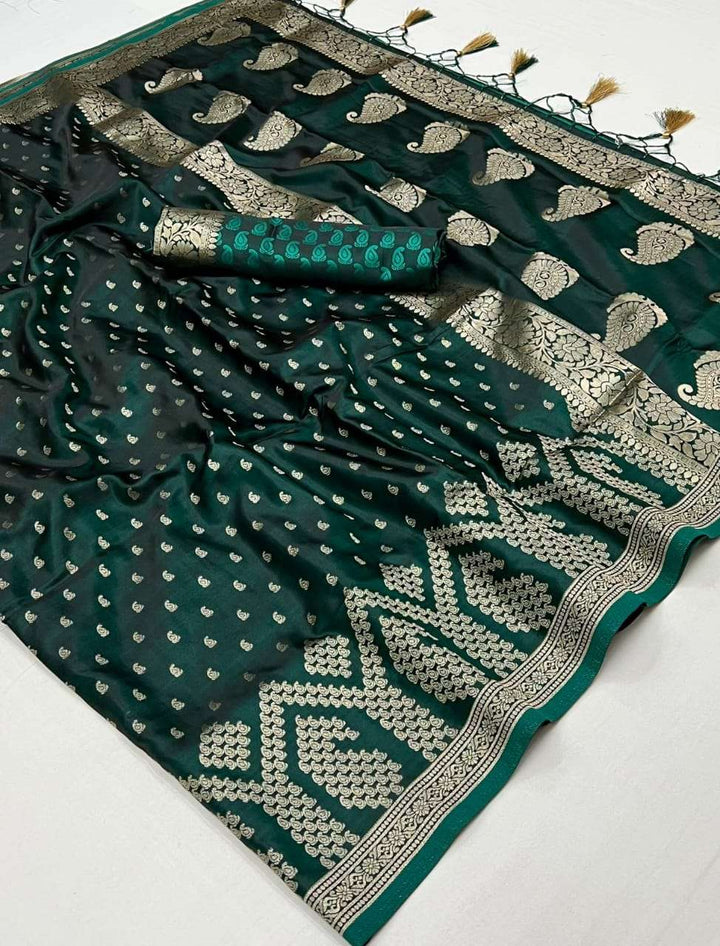 Dark Green Pure Satin Handloom Weaving Silk Saree