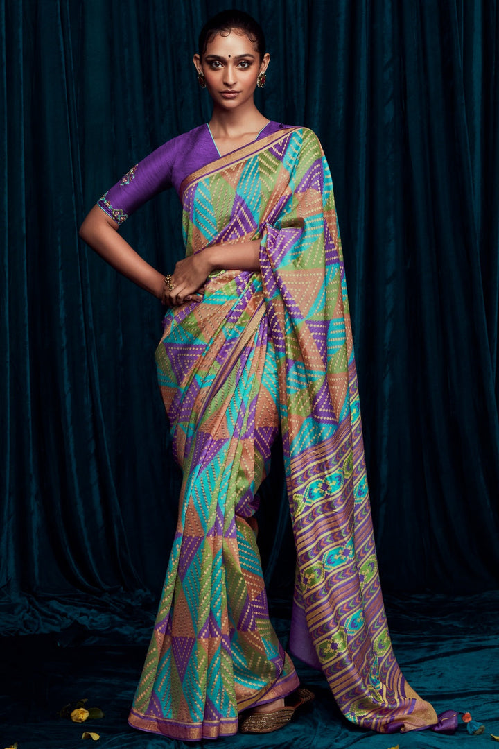 Multi colour Brasso Silk Saree With Designer Blouse