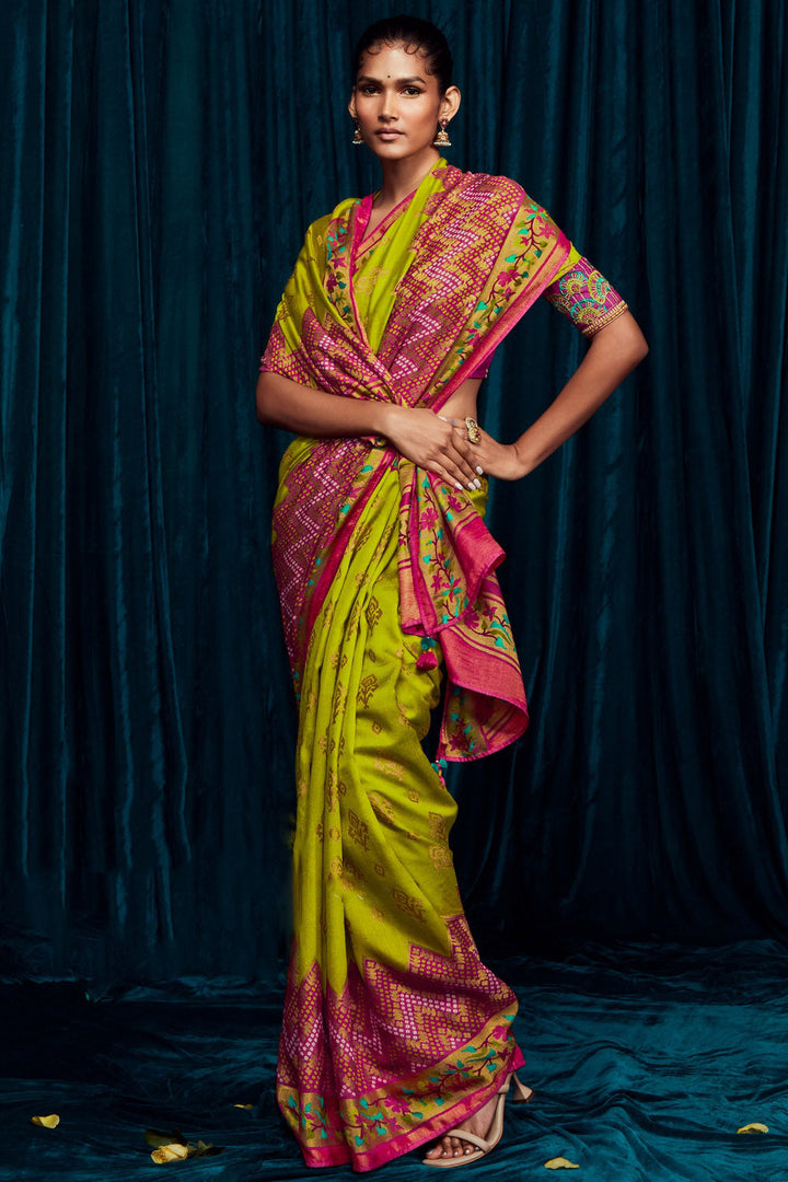 Green And Pink Brasso Silk Saree With Designer Blouse