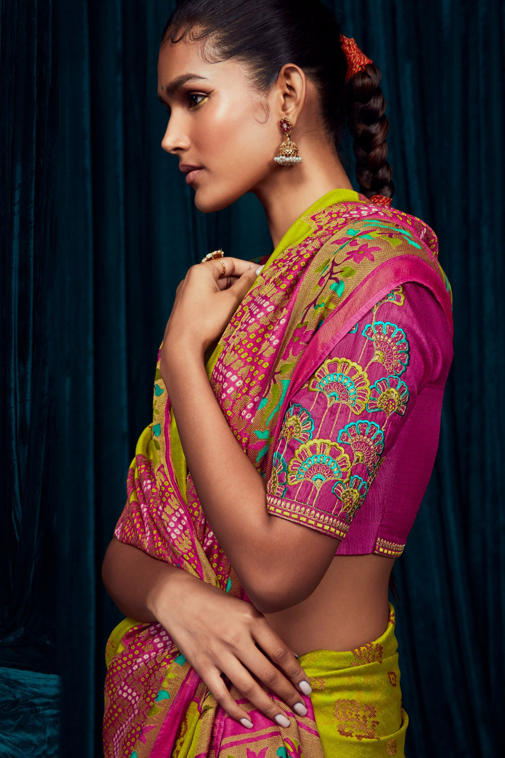 Green And Pink Brasso Silk Saree With Designer Blouse