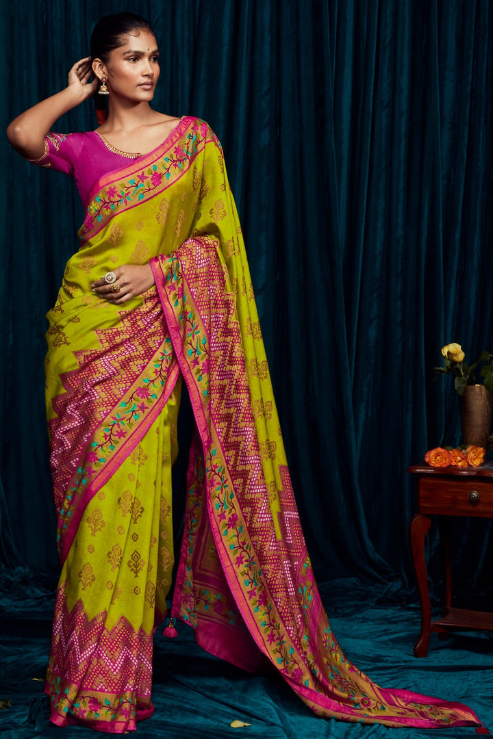 Green And Pink Brasso Silk Saree With Designer Blouse