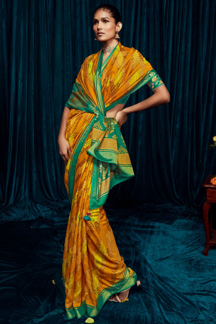 Mustard Yellow Brasso Silk Saree With Designer Blouse